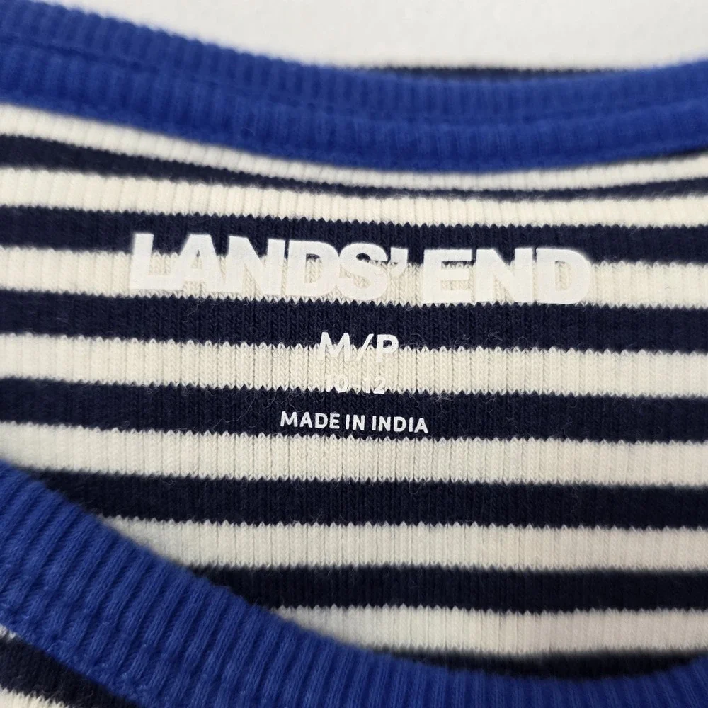 Lands End Casual Tees +‎ Short Set Women Medium Petite Blue Tan Striped Pockets